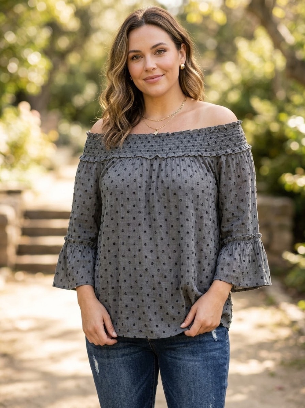Smocked Off-Shoulder Dot Blouse in Gray